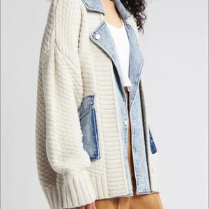 BLANK NYC Cream Knit Cardigan Jacket with Washed Denim Accents